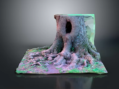 Rustic Wooden Tree Stump With Exposed Roots And Stone Base Design 3d model