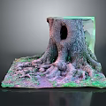 Rustic Wooden Tree Stump With Exposed Roots And Stone Base Design 3d model