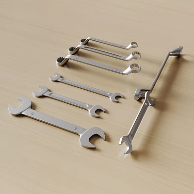 Different Types Of Stainless Steel Wrenches On Wooden Surface For Hardware Tools 3d model