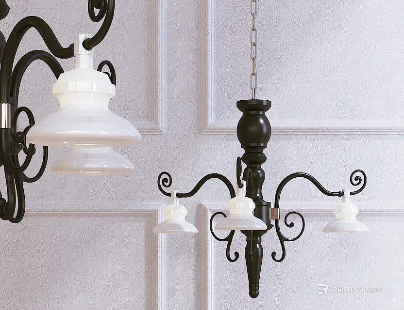 Classical Black Metal Chandelier With White Shades And Curved Scroll Details 3d model 
