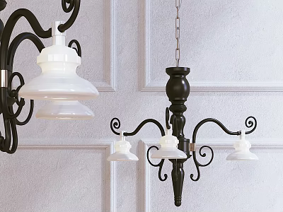 Classical Black Metal Chandelier With White Shades And Curved Scroll Details 3d model
