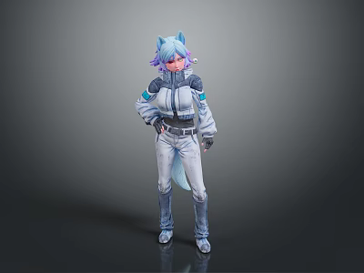 Futuristic Character With Blue Purple Hair Cat Ears And Tail Wearing Modern Jacket Pants 3d model