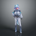 Futuristic Character With Blue Purple Hair Cat Ears And Tail Wearing Modern Jacket Pants