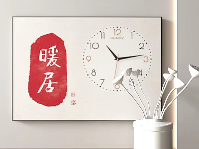 Chinese Style Wall Clock With Red Seal Warm House Character And White Vase Decorations 3d model