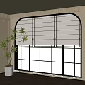 Stylish Black Frame Floor-to-Ceiling Window With Arched Top Roller Blinds And Potted Plant