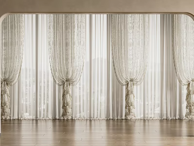 Sheer Window Curtains With White Lace Details And Elegant Tiebacks In Room Interior 3d model