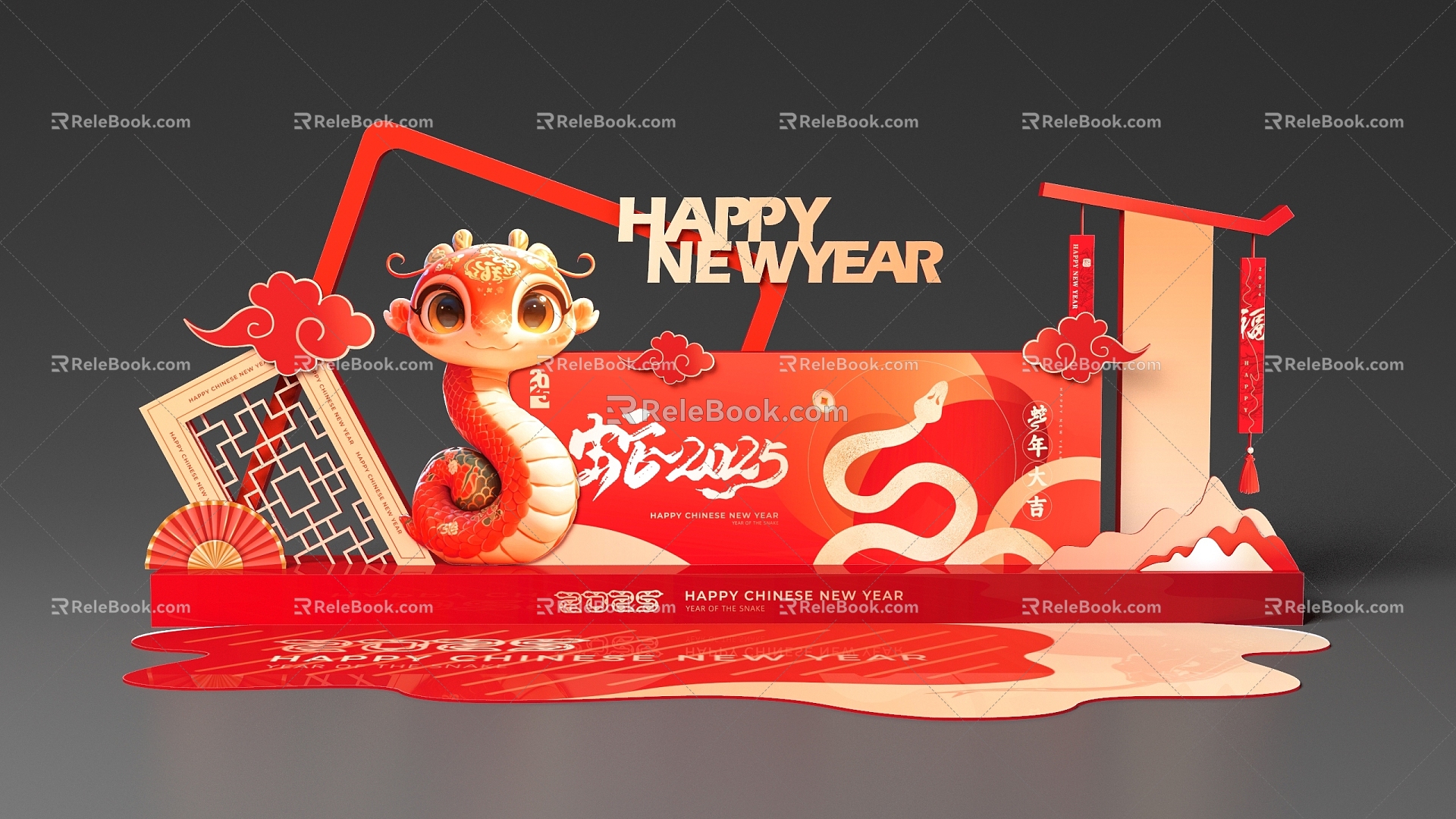 Year of the Snake 2025 Golden Snake Meichen Shopping Mall Meichen Stage Promotion Meichen New Year New Year's Day New Year's Eve Meeting Annual Celebration Cartoon Illustration 3d model