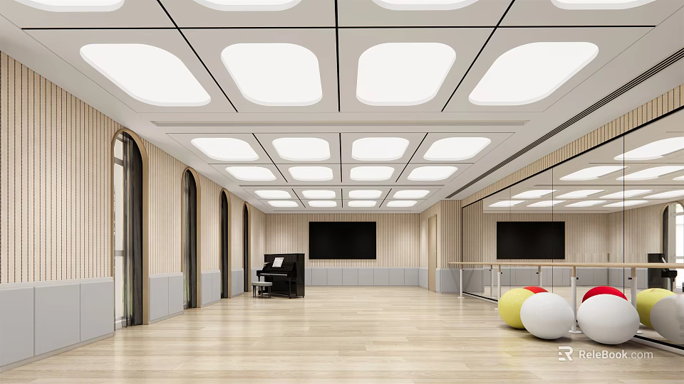 Bright Fitness Studio With Colorful Exercise Balls Wooden Floor Large Screen And Barre 3d model 