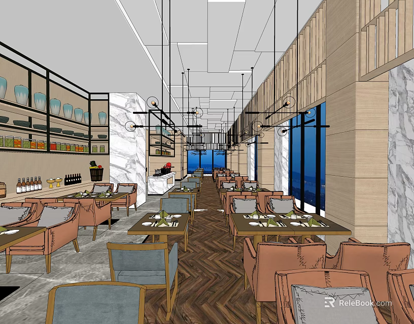 Elegant Restaurant Interior Design With Herringbone Floor Tables Chairs And Blue Windows 3d model 