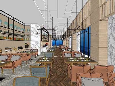 Elegant Restaurant Interior Design With Herringbone Floor Tables Chairs And Blue Windows 3d model