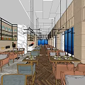 Elegant Restaurant Interior Design With Herringbone Floor Tables Chairs And Blue Windows
