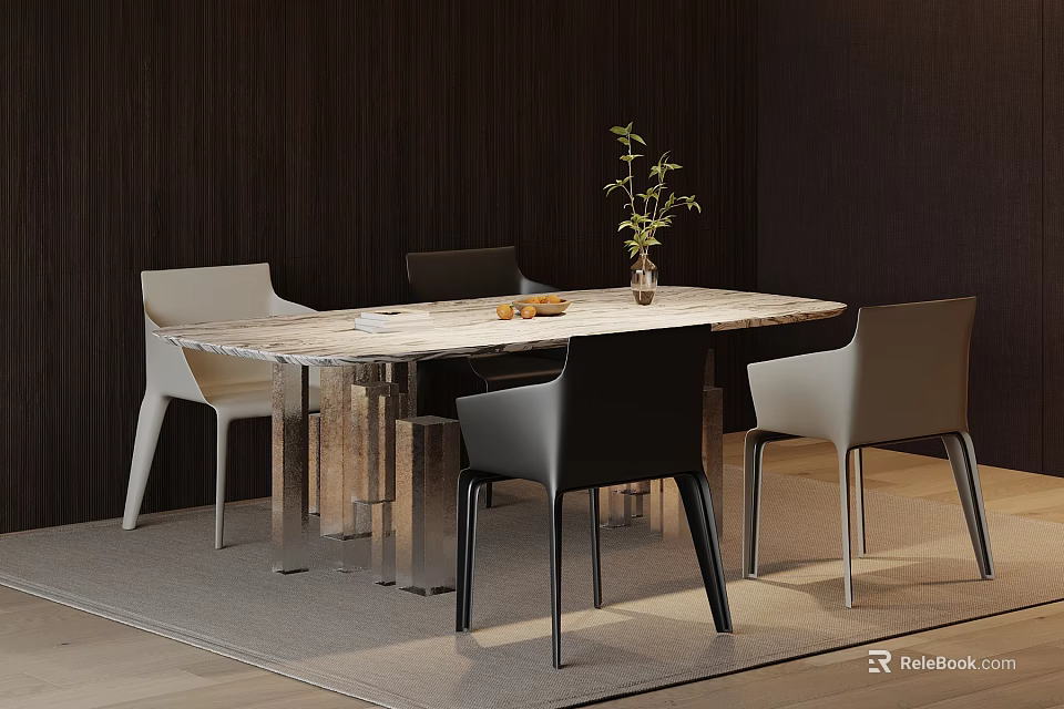 Modern Rectangular Dining Table Set With Marble Top Light Grey And Black Chairs Green Plant Decoration 3d model