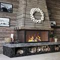 Cozy Wooden Fireplace Interior with Wreath Burning Fire Framed Pictures Small Plants and Firewood Stack