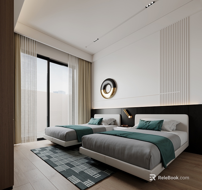 Hotel Guest Room With Twin Beds Green Bedding Round Decorative Lamp Large Windows And Geometric Rug 3d model 