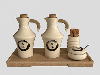 White Ceramic Seasoning Bottles With Cork Stoppers Curved Handles And Chinese Labels On Wooden Tray 3d model