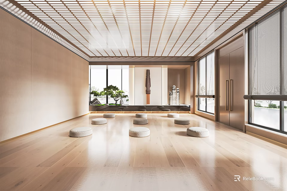 Spacious Yoga Fitness Studio With Wooden Floor Grid Ceiling Round Cushions And Large Windows 3d model 