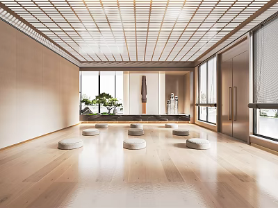 Spacious Yoga Fitness Studio With Wooden Floor Grid Ceiling Round Cushions And Large Windows 3d model