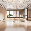 Spacious Yoga Fitness Studio With Wooden Floor Grid Ceiling Round Cushions And Large Windows