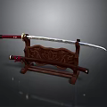 Traditional Japanese Katana Sword With Red Handle Wooden Stand And Carved Lotus Pattern