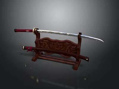 Traditional Japanese Katana Sword With Red Handle Wooden Stand And Carved Lotus Pattern 3d model
