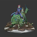 Game and Movie Character Warrior In Blue Armor Riding Frost Wolf On Snowy Rock Base