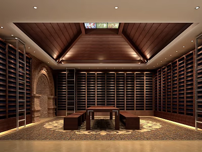 Elegant Wine Cellar Interior With Wooden Racks Central Table Benches And Skylight Ceiling 3d model