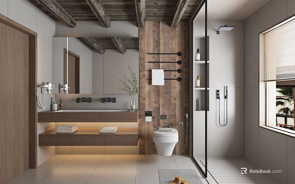Other Bathroom With Wooden Ceiling Beams Mirror Vanity Toilet Glass Shower And Potted Plant 3d model 