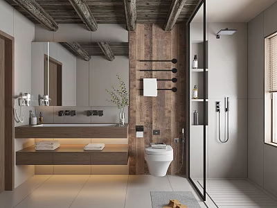 Other Bathroom With Wooden Ceiling Beams Mirror Vanity Toilet Glass Shower And Potted Plant 3d model