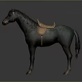 Detailed Dark Green Horse Sculpture with Black Mane Brown Saddle on Gray Background