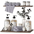Daily Washing Essentials With Pump Bottles Candles Towels Eucalyptus And Wooden Shelf