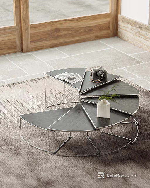 Modern Segmented Round Coffee Table With Metal Frame Black Tabletop And Decor Pieces 3d model