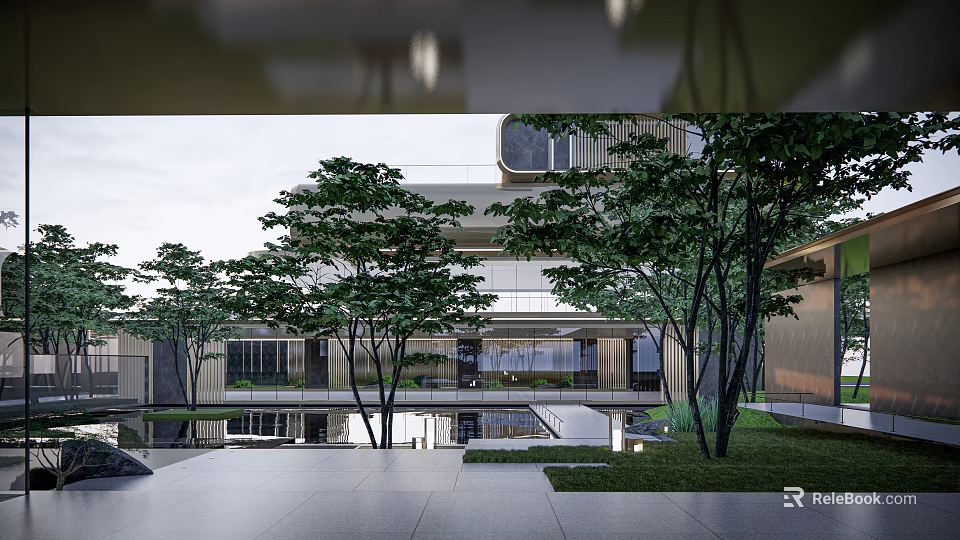 Modern Garden Landscape Design with Contemporary Architecture Lush Trees and Green Lawn 3d model 