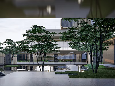 Modern Garden Landscape Design with Contemporary Architecture Lush Trees and Green Lawn 3d model
