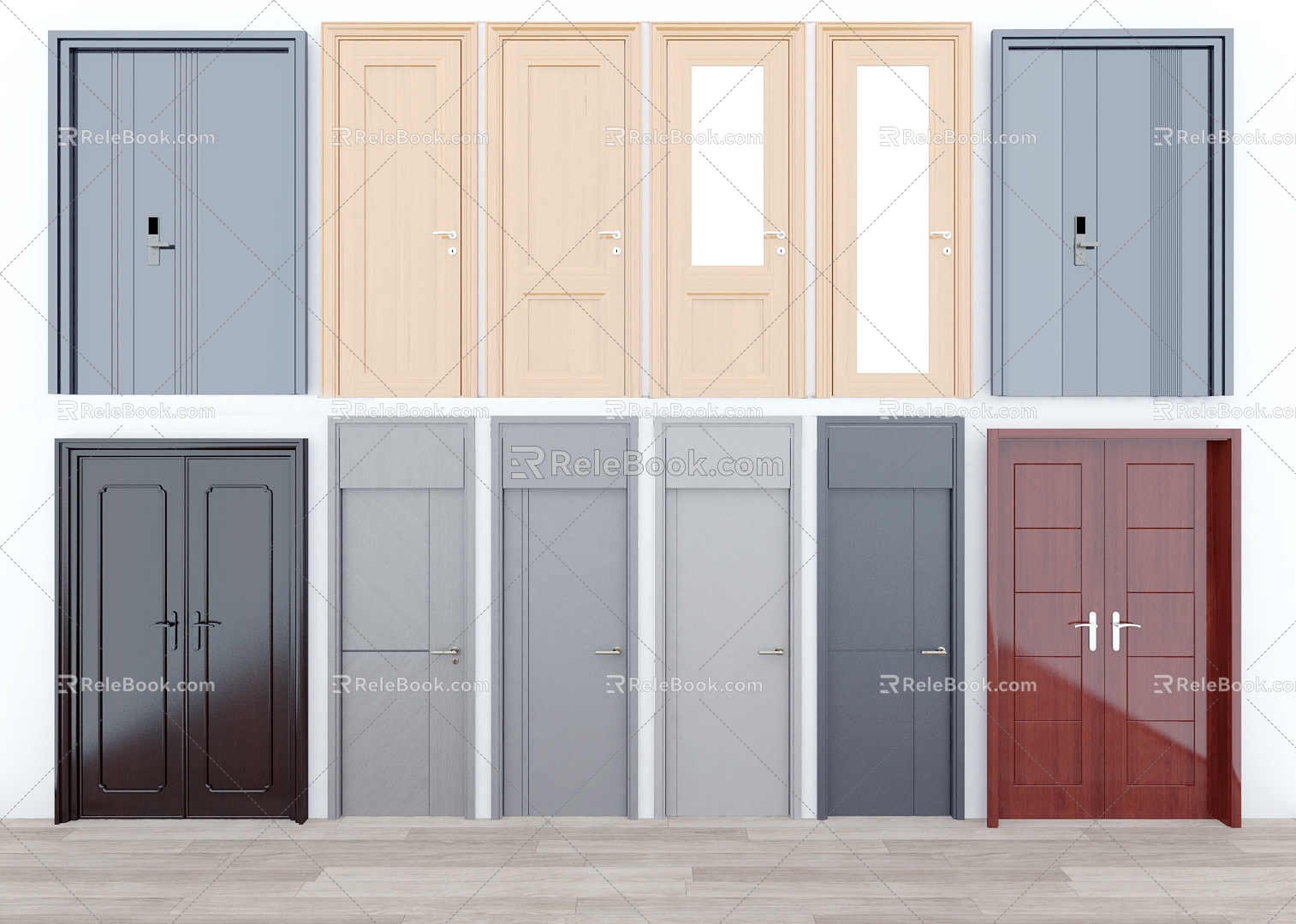 Wooden door double door swing door security door 3d model