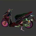 Burgundy Modern Scooter Motorcycle with Black Seat and Yellow Shock Absorber on Reflective Floor