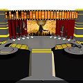 Elegant Curved Stage Design With Yellow Lights Red Curtains And Circular Decorations