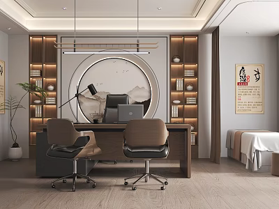 Modern Chinese Shopping Mall Store Featuring Wooden Bookshelves Circular Art Office Chairs and Desk 3d model