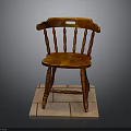 Wooden Chair With Carved Legs Curved Backrest And Armrest On Tile Base