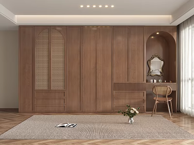 Elegant Wooden Wardrobe with Dressing Table Mirror and Chair in Modern Interior 3d model