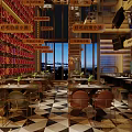 Modern Restaurant Interior With Wine Racks Chandeliers Dining Tables And Warm Lighting