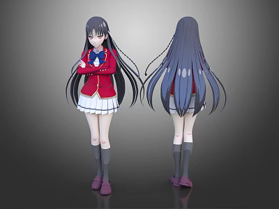 Anime Character 3D Model Front Back View Red Coat White Skirt Long Hair Gray Socks 3d model