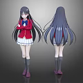 Anime Character 3D Model Front Back View Red Coat White Skirt Long Hair Gray Socks