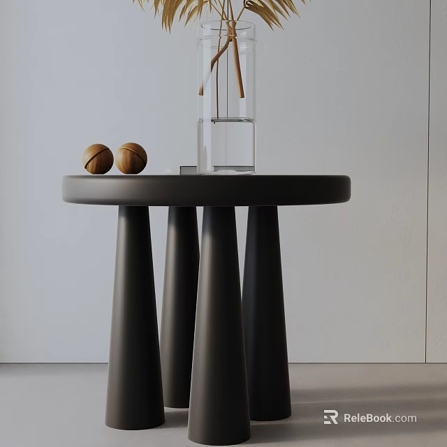 Modern Black Side Table With Conical Legs And Decorative Vase On Round Top 3d model 