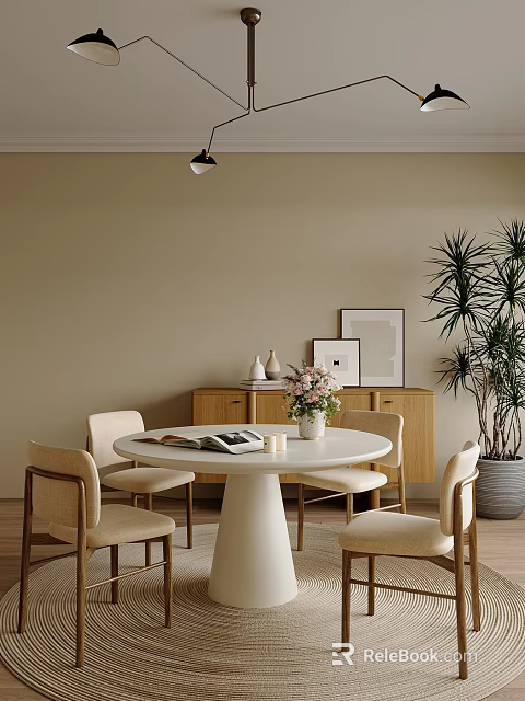 Cozy Restaurant Dining Area With Round White Table Beige Chairs Wooden Cabinet And Wall Art 3d model 