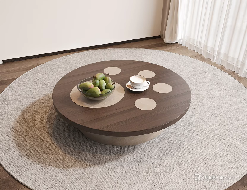 Round Wooden Coffee Table With Dots Green Fruit Bowl And White Cups On Gray Rug 3d model 