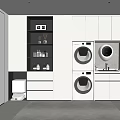Modern Laundry Room With Stackable Washing Machine Dryer Storage Cabinets And Sink 3d model