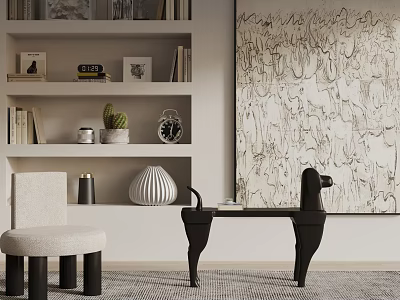 Modern Black And Light Colored Stools In Living Space With Bookshelves Artwork And Decorative Pieces 3d model