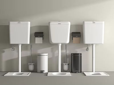 Modern Three Toilets With Tanks Trash Bins And Brushes In Bathroom Interior 3d model