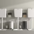 Modern Three Toilets With Tanks Trash Bins And Brushes In Bathroom Interior