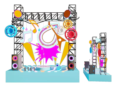 Colorful Stage Setup With Metal Frame Gears Music Notes Speakers And Lighting Equipment 3d model